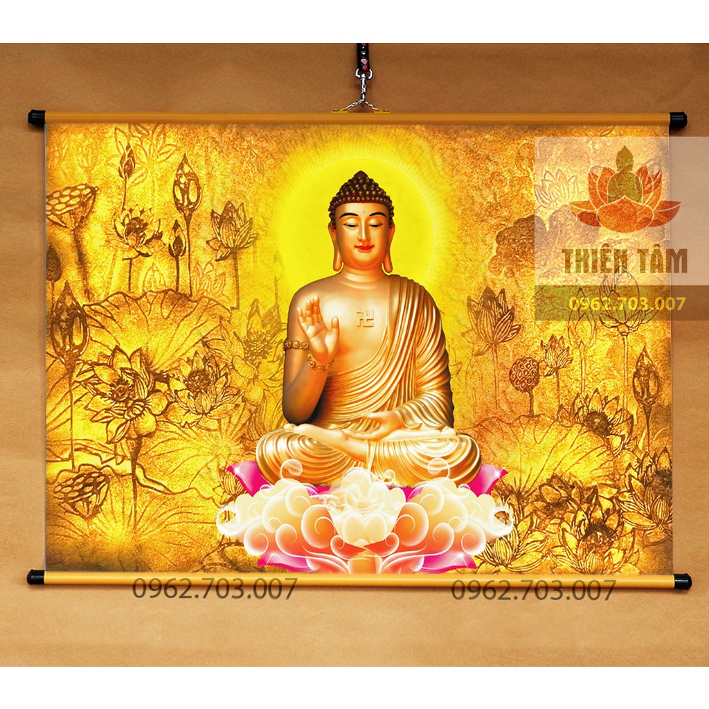 Tranh Phật Tổ Như Lai họa tiết trúc chỉ 50x70cm bằng vải phủ bóng cao cấp dày dặn