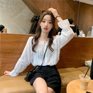 [CÓ SẴN] Áo sơ mi nữ cổ tròn bèo phối ren tiểu thư phong cách Hàn Quốc