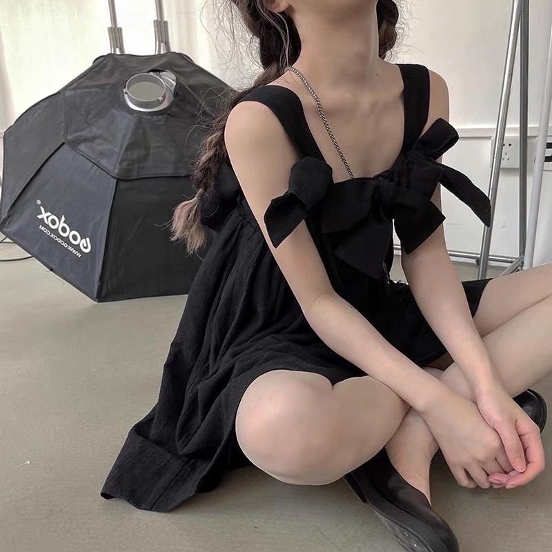 VÁY BABYDOLL, ĐẦM CÔNG CHÚA 2 DÂY BẢN TO THẮT NƠ ĐEN TRẮNG XINH XẮN