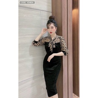 Đầm body nhung phối beo cột nơ