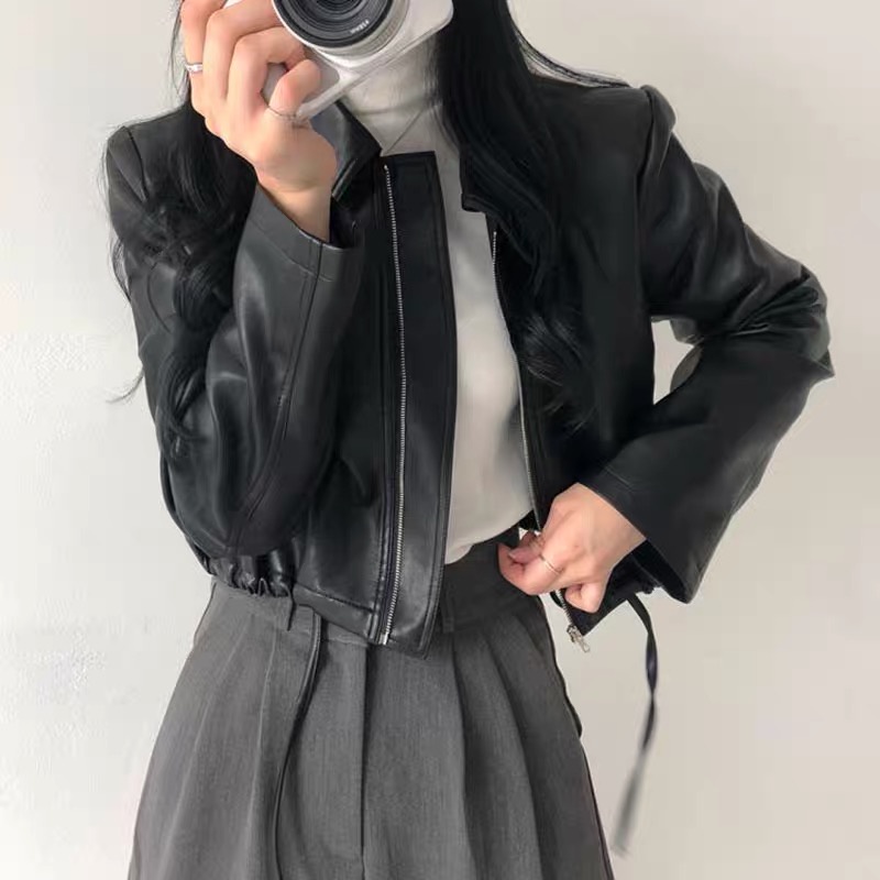 𝗺𝗶𝗲 𝘀𝘁𝘂𝗱𝗶𝗼 - SẴN Áo khoác da đen dây rút