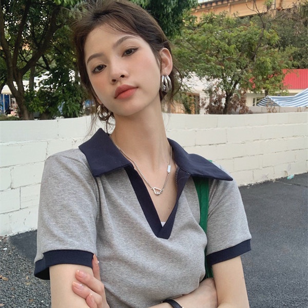 Áo polo Ngắn Tay Phối Màu Tương Phản Thời Trang Mùa Hè Hàn Quốc Cho Nữ