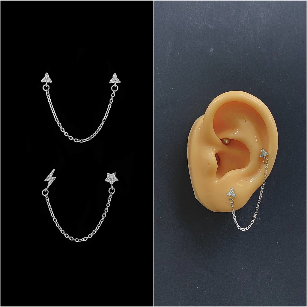 KHUYÊN TAI XÍCH 2 LỖ HOA ĐÁ CAO CẤP