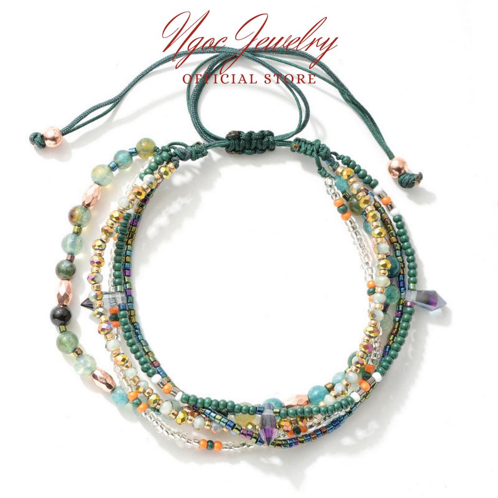 Vòng Tay Handmade Nhiều Lớp Màu Xanh Lá Phong Cách Retro Cổ Điển Chất Lượng Cao Có Thể Điều Chỉnh Độ Dài