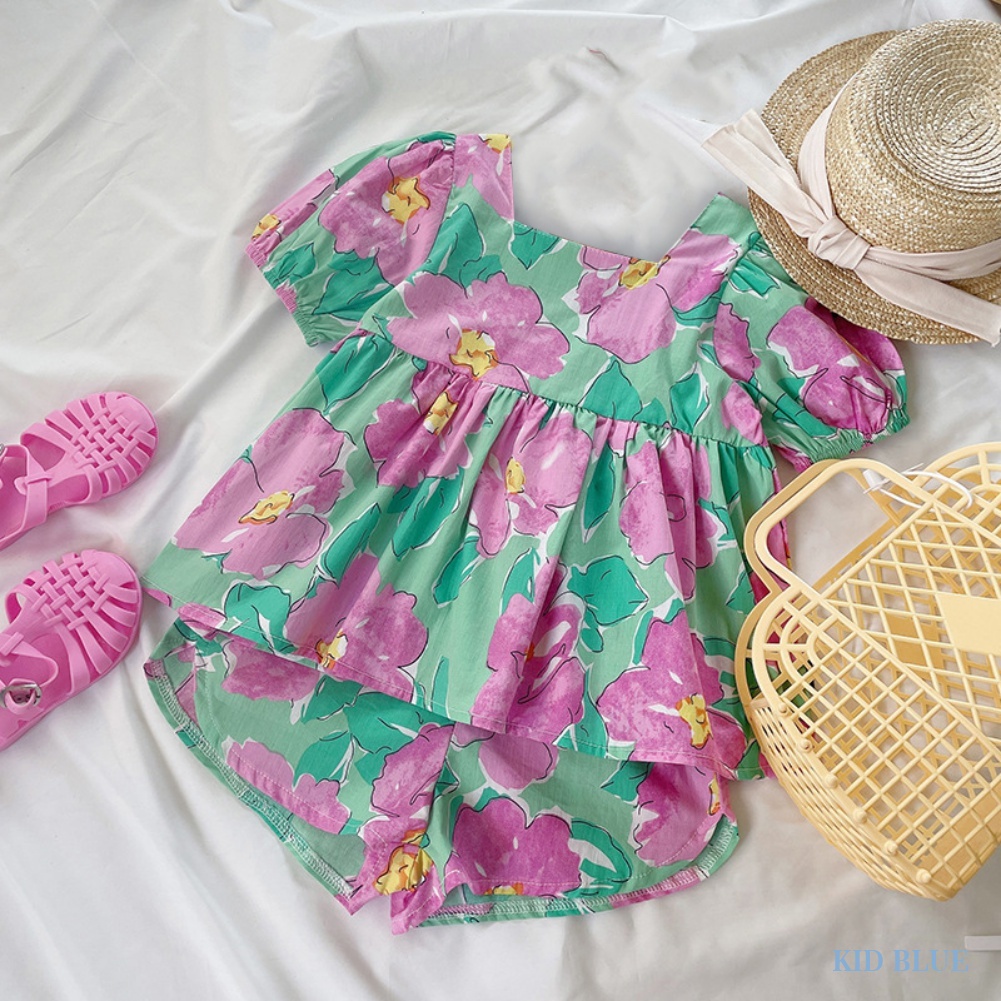 Set Áo Tay Phồng + Quần Short In Hoa Nhí Xinh Xắn Thời Trang Phong Cách Hàn Quốc Cho Bé Gái