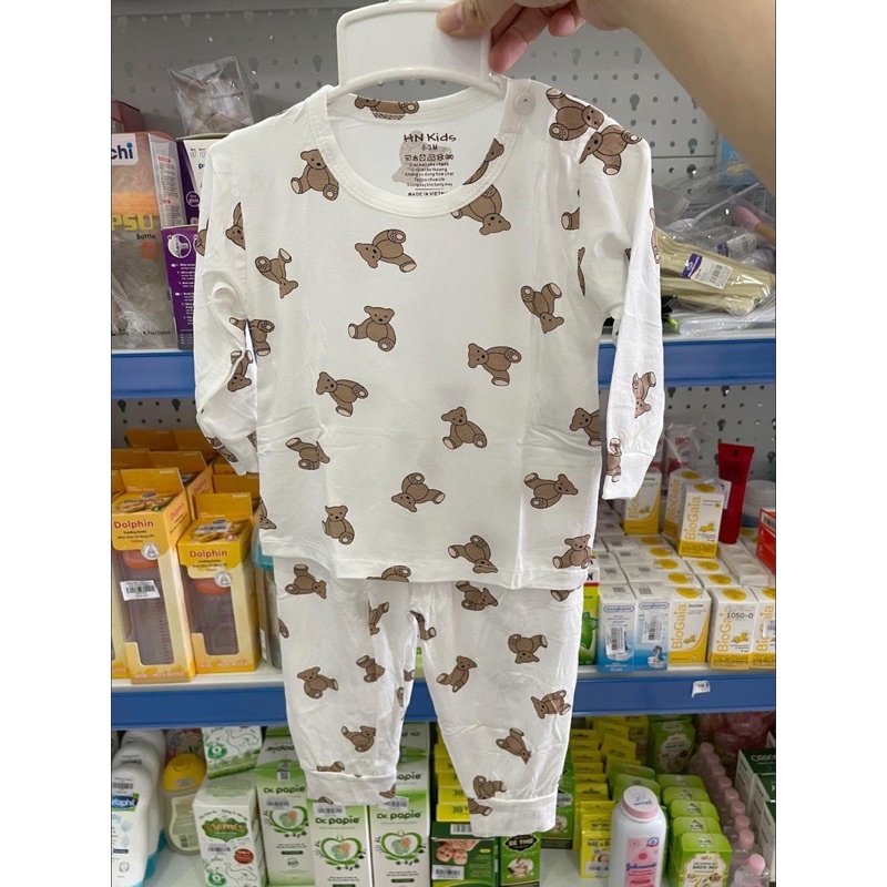 Bộ dài hnkids cài vai petit sợi tre Trắng, bộ dài tay cài vai cho bé trai, bé gái