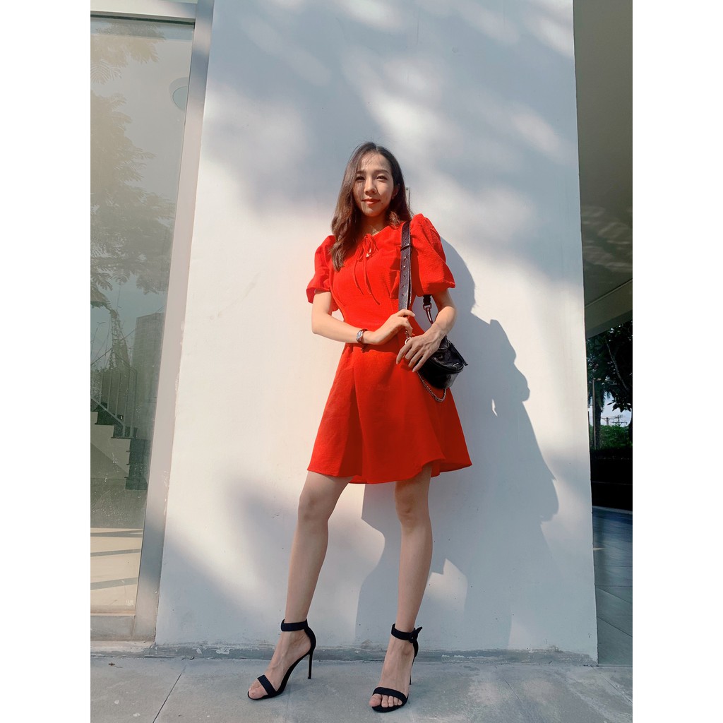 [ẢNH THẬT] Đầm xốp nhún thắt nơ cổ khoét giọt nước DK003 | BigBuy360 - bigbuy360.vn