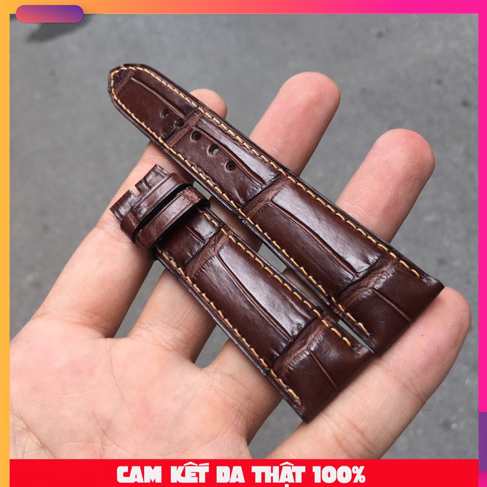 Dây Da Đồng Hồ Cá Sấu Handmade Khâu Tay Cao Cấp Màu Nâu Cafe Chỉ Vàng