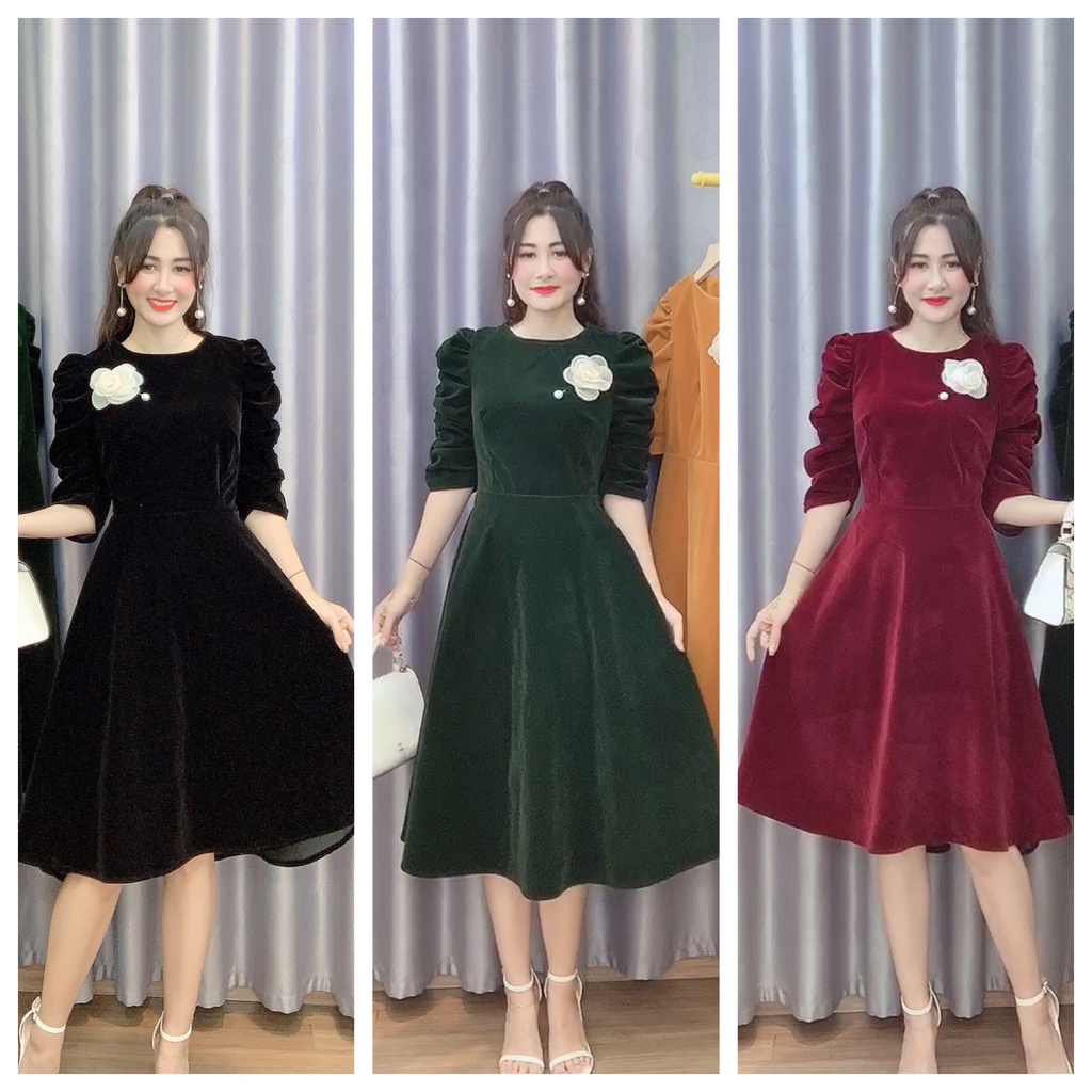 Váy Nhung Tuyết Hàn Cao Cấp Kèm Hoa Cài, 5 Gam Màu Cực Đẹp Kandy V5