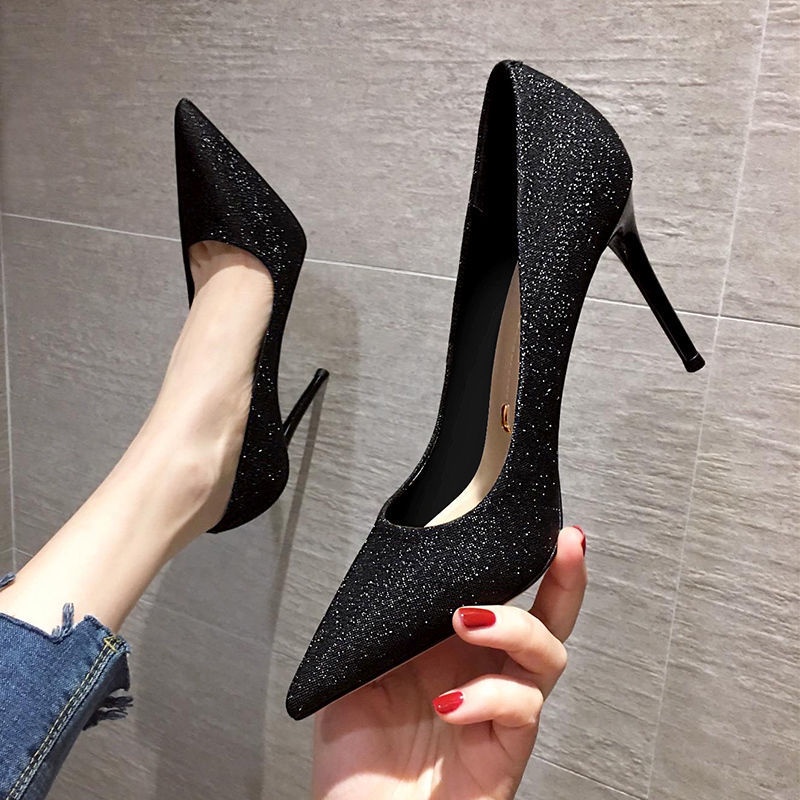 Giày Cao Gót 9Cm Mũi Nhọn Đính Kim Sa Quyến Rũ Thời Trang Xuân Thu 2020 Cho Nữ