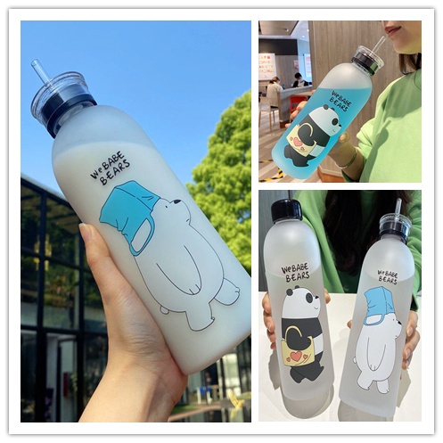 Bình Nước Nhựa Trong Suốt Hình Gấu Đáng Yêu Dung Tích 1000ML Có Ống Hút Tiện Dụng