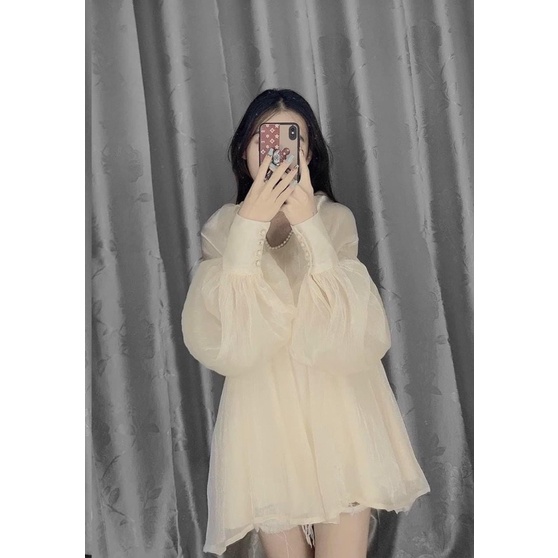 Áo sơ mi voan tơ óng cổ choker buộc nơ sau tay dài bồng hai lớp dáng xoè rộng bánh bèo tiểu thư sang chảnh