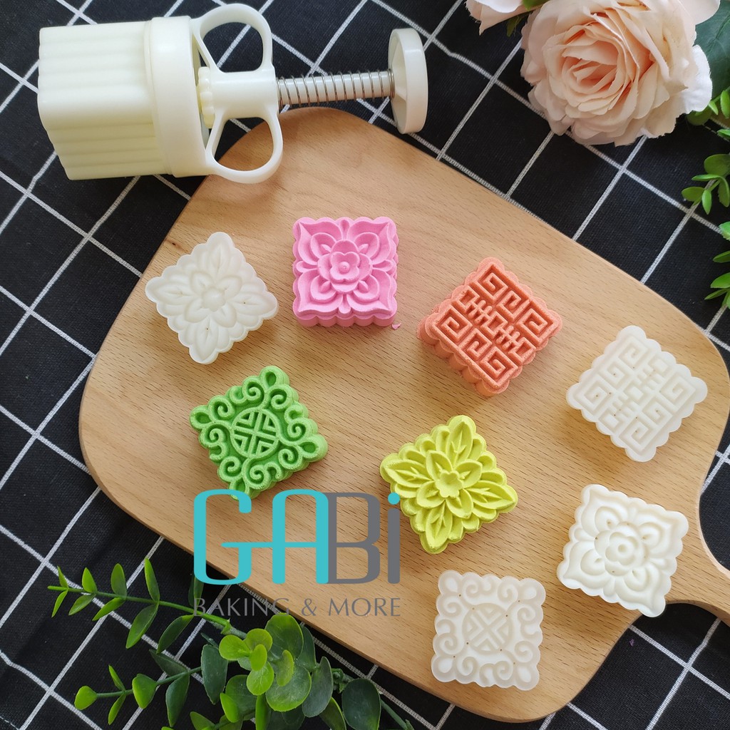 Khuôn nhấn trung thu lò xo 4 mặt vuông 50g A03