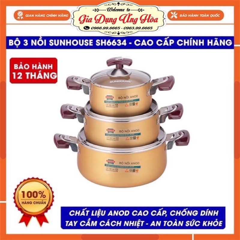 Bộ nồi Anod Sunhouse SH6634 chất liệu nhôm dùng bếp gas bếp hồng ngoại