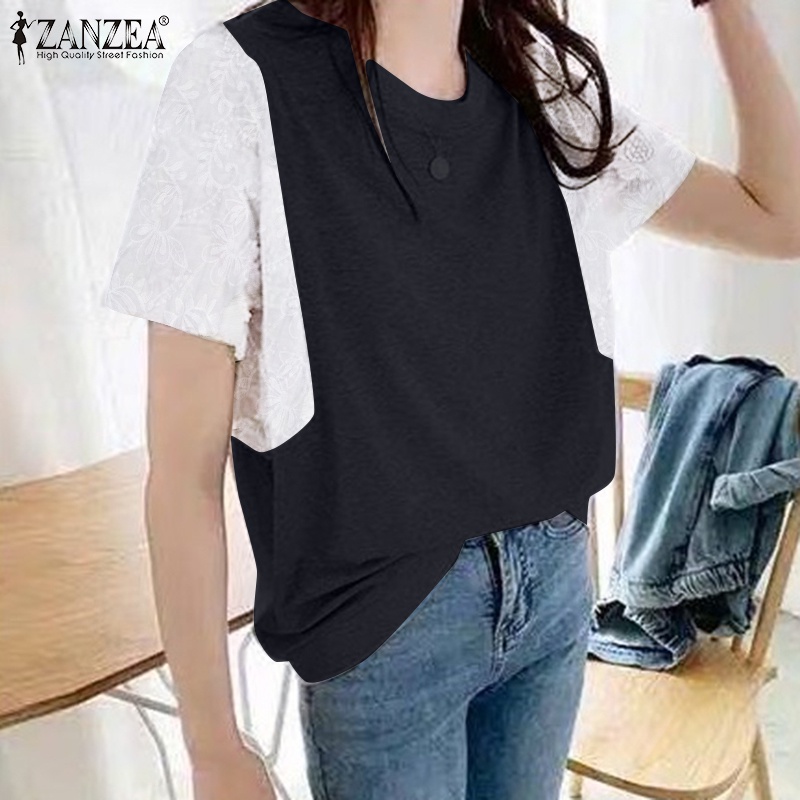 ZANZEA Women Lace Short Sleeve Contrast Color Round Neck Blouse