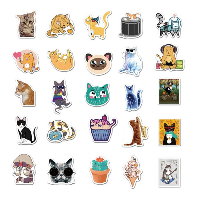 Combo Sticker MÈO CUTE nhựa PVC không thấm nước, dán nón bảo hiểm, laptop, điện thoại, Vali, xe