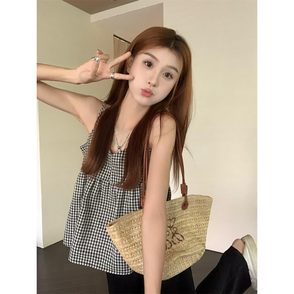 Áo Hai Dây Họa Tiết Sọc Caro Phong Cách Retro Ngọt Ngào  tao bao