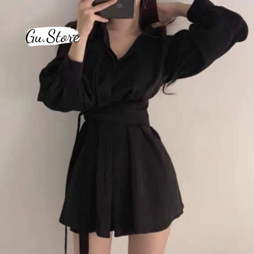 Set Váy Sơ Mi Hai Màu Đen Trắng Kèm Đai Buộc Uzzlang Gu store Hot Trend 2021 Ba Món Kết Hợp Được Nhiều Phong Cách mã044