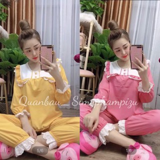 Bộ đồ bầu và sau sinh mặc nhà tay Lỡ bo viền ren tiểu thư sang chảnh có khóa kéo ti cho con bú BD934