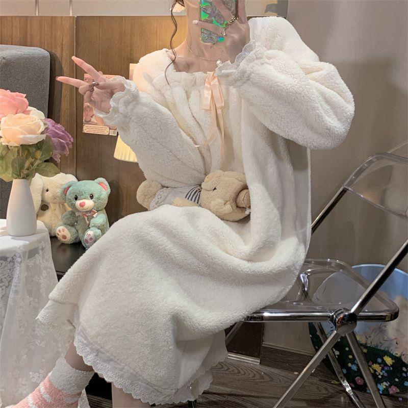Đầm ngủ công chúa lót lông cừu xinh xắn phong cách Hàn Quốc thời trang thu đông ngọt ngào cho nữ
