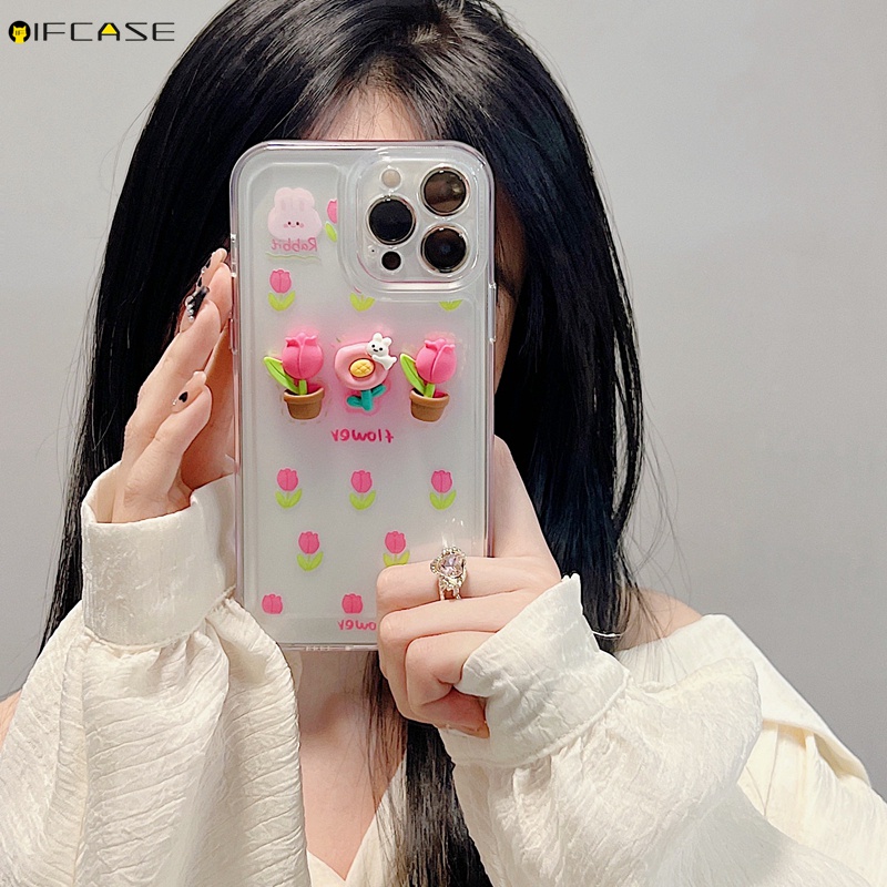 Ốp Điện Thoại Mềm Trong Suốt Họa Tiết Hoa Tulip / Thỏ Màu Hồng Gradient Cho iPhone 13 12 11 Pro Max XS Max XR X 7 8 Plus