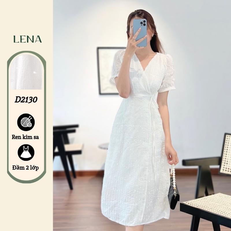 Đầm midi dáng dài dự tiệc LENA dạo phố cổ V tay bồng tiểu thư ren kim sa lấp lánh cao cấp - D2130