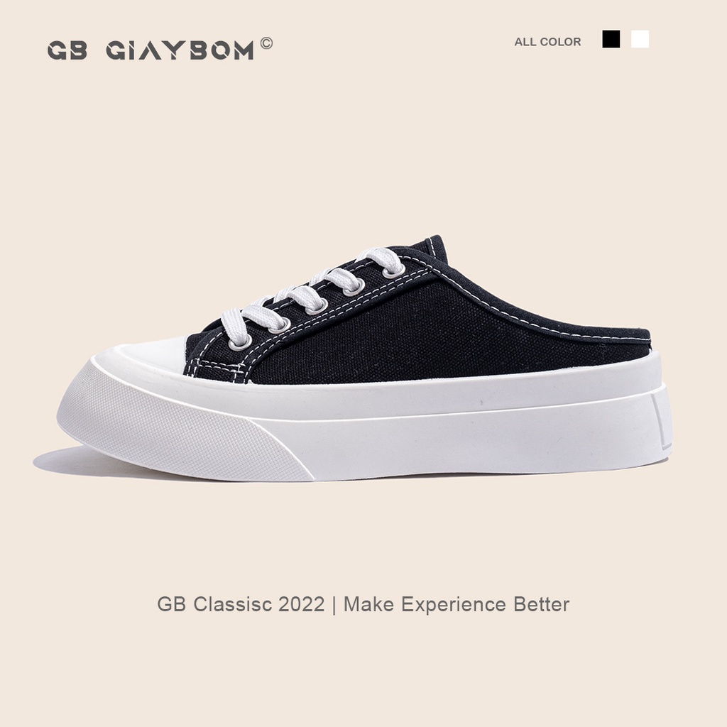 Giày Sục Thể Thao Nữ Giày BOM Mule Ulzzang Hàn Quốc Đế Bánh Mì Vải Canvas 2 Màu Đen Trắng giayBOM GB Classics B1494