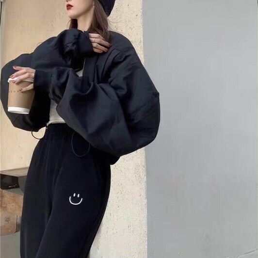 Quần jogger nữ dài mặt cười vải nỉ da cá thun trơn unisex bo gấu đen xám mặc ở nhà tập gym thể thao