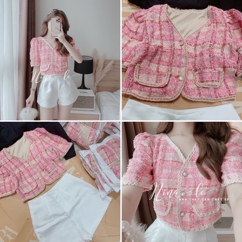 Set áo dạ hồng kèm short trắng