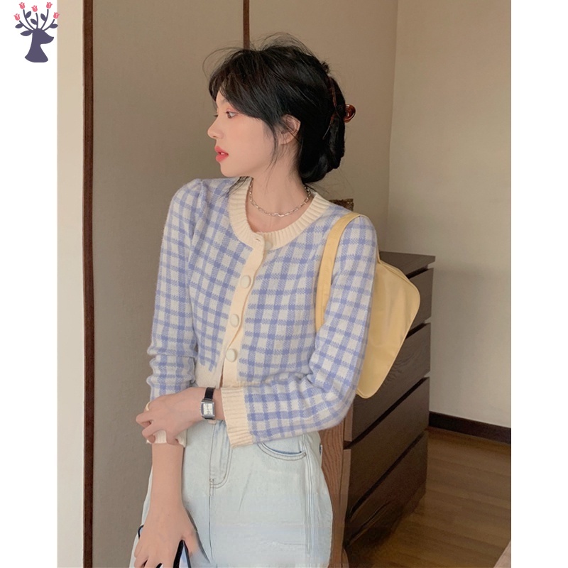 YK Xiaozhainv Áo Cardigan Dệt Kim Tay Dài Cổ Tròn Kẻ Sọc Caro Phong Cách Hàn Quốc Thời Trang Cho Nữ 4 Màu Tùy Chọn YKD