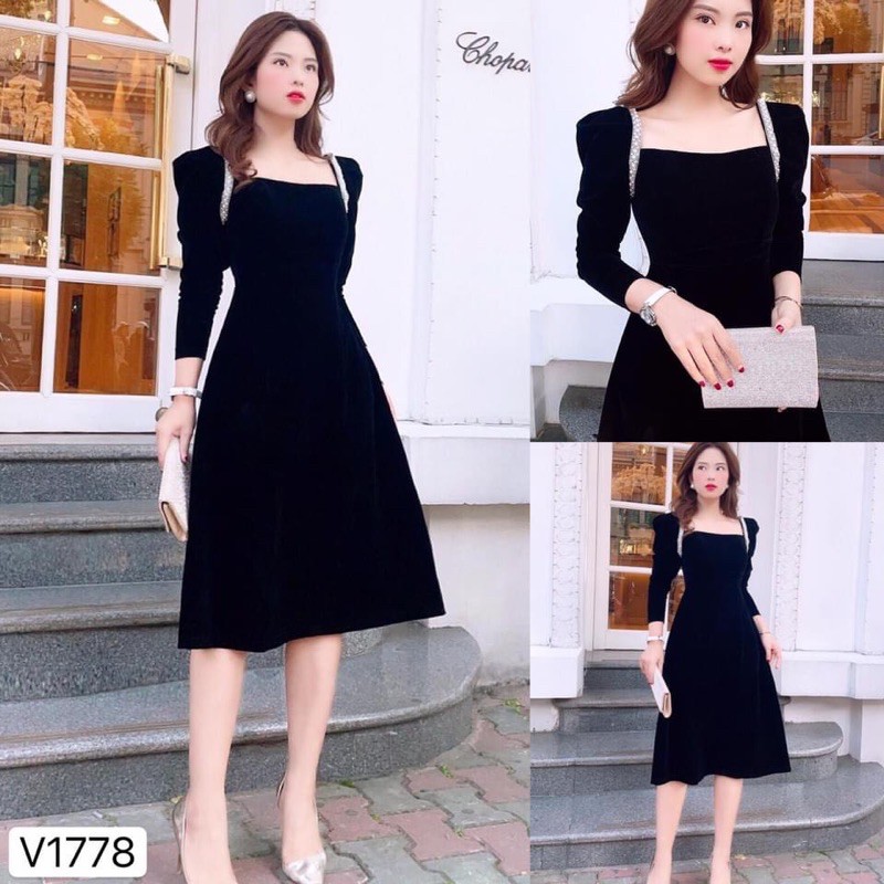 ⚡️ĐẦM NHUNG TAY BỒNG⚡️Đầm nhung cổ vuông tay bồng 2 màu đen đỏ | BigBuy360 - bigbuy360.vn