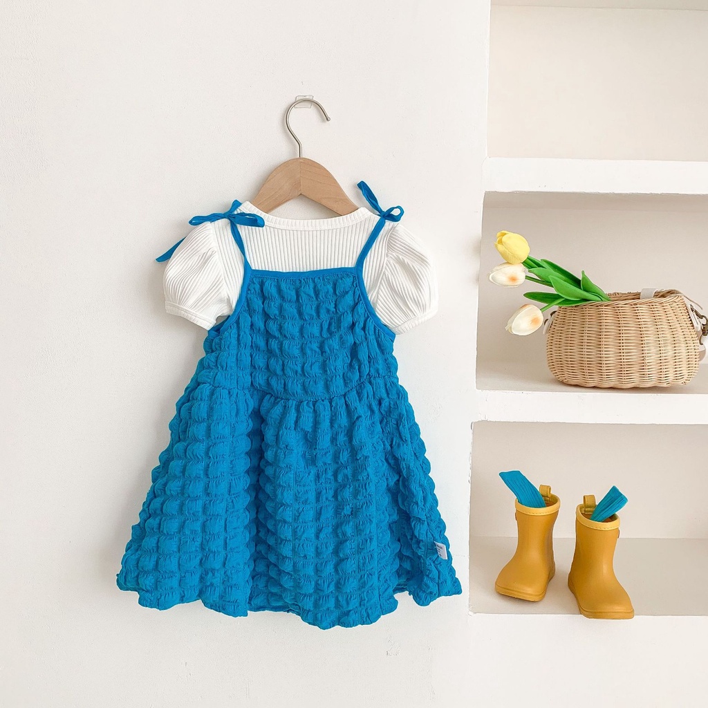 Bộ Áo Thun Ngắn Tay + Đầm Hai Dây Màu Xanh Dương Thời Trang Mùa Hè Cho Bé Gái