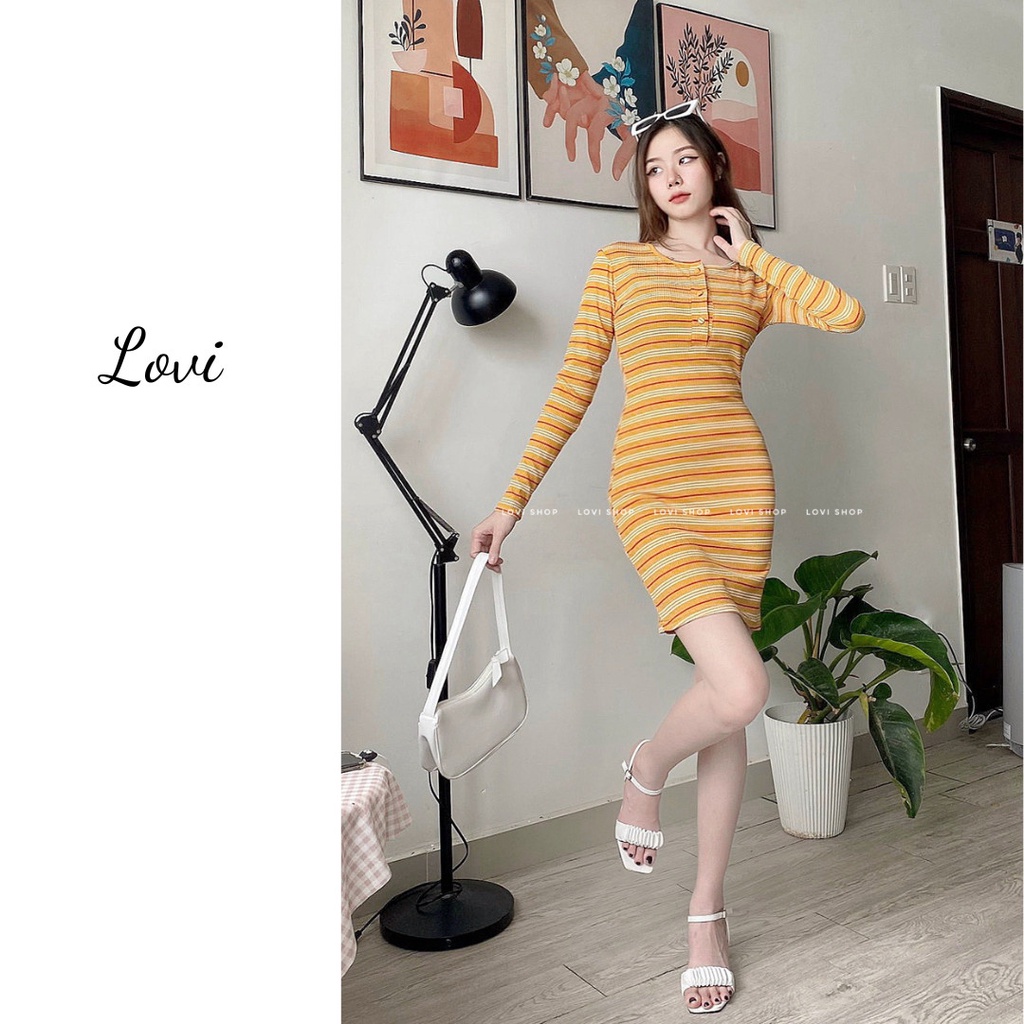 Đầm body thun gân sọc 3 màu Lovi