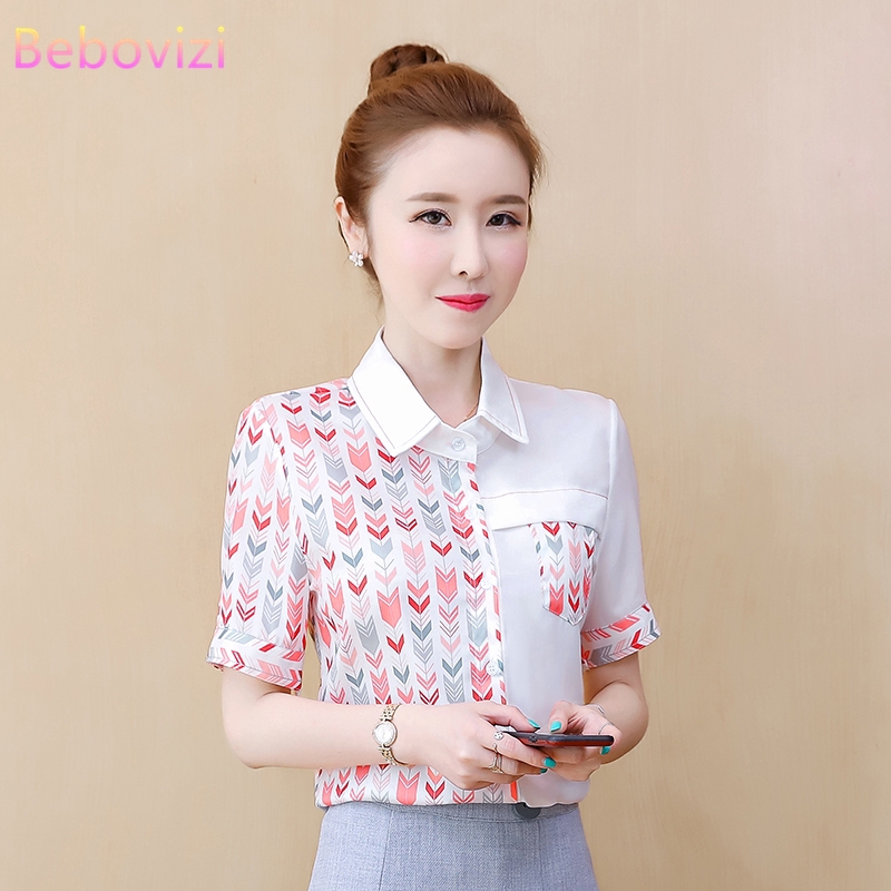 New S-2XL Summer Casual Import Fashion Korean Women's Chiffon Top Printing Short Sleeve Commute Loose Shirts