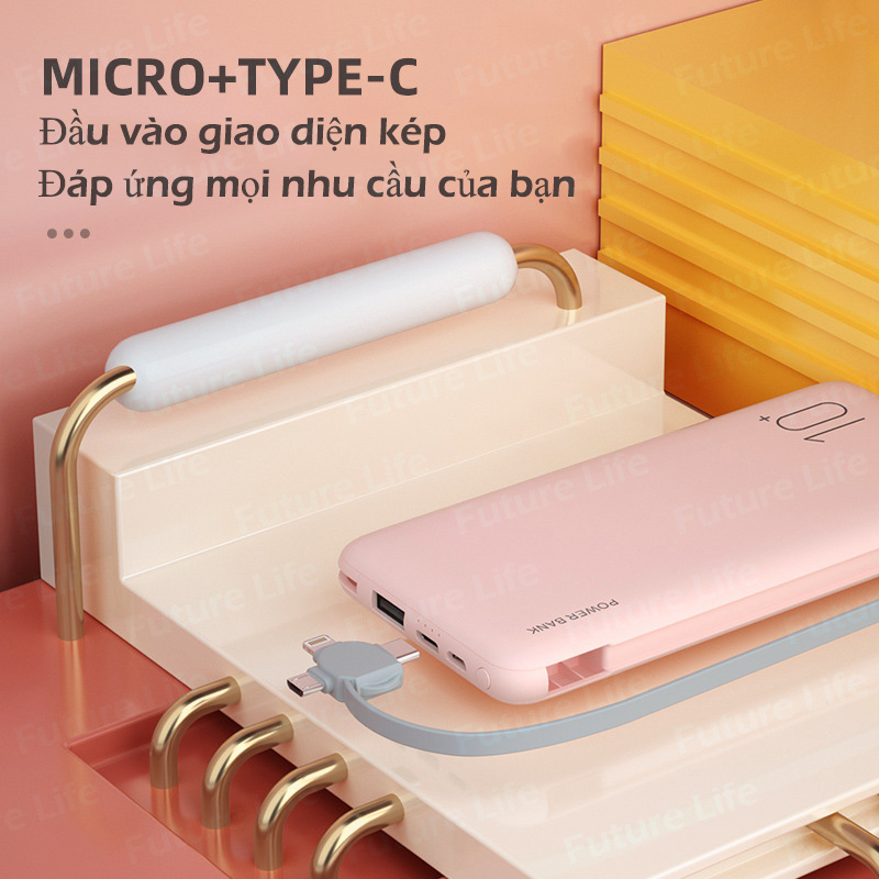 Sạc Dự Phòng 10000mAh Pin Sạc Dự Phòng  Đi Kèm Với Ba Loại Cục Sạc Dự Phòng Micro Usb Type-c Macaron Xạc Dự Phòng