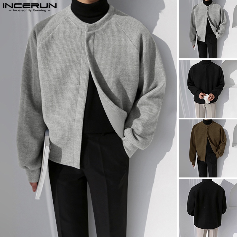Áo khoác INCERUN dài tay màu trơn không cổ thời trang cho nam