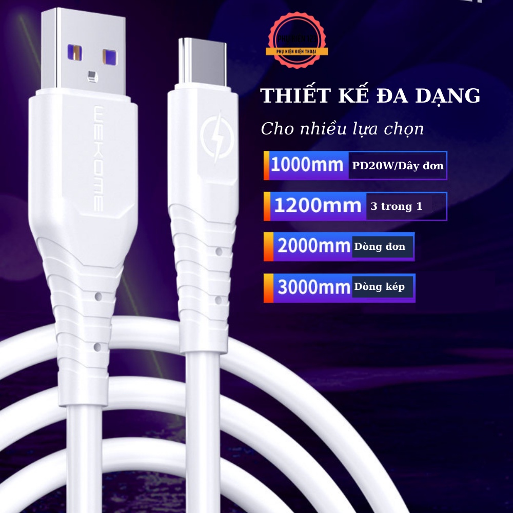 Cáp sạc nhanh 6A Wekome  WDC-152 cổng micro usb, type-c,i dây cao su chống đứt gãy 1m