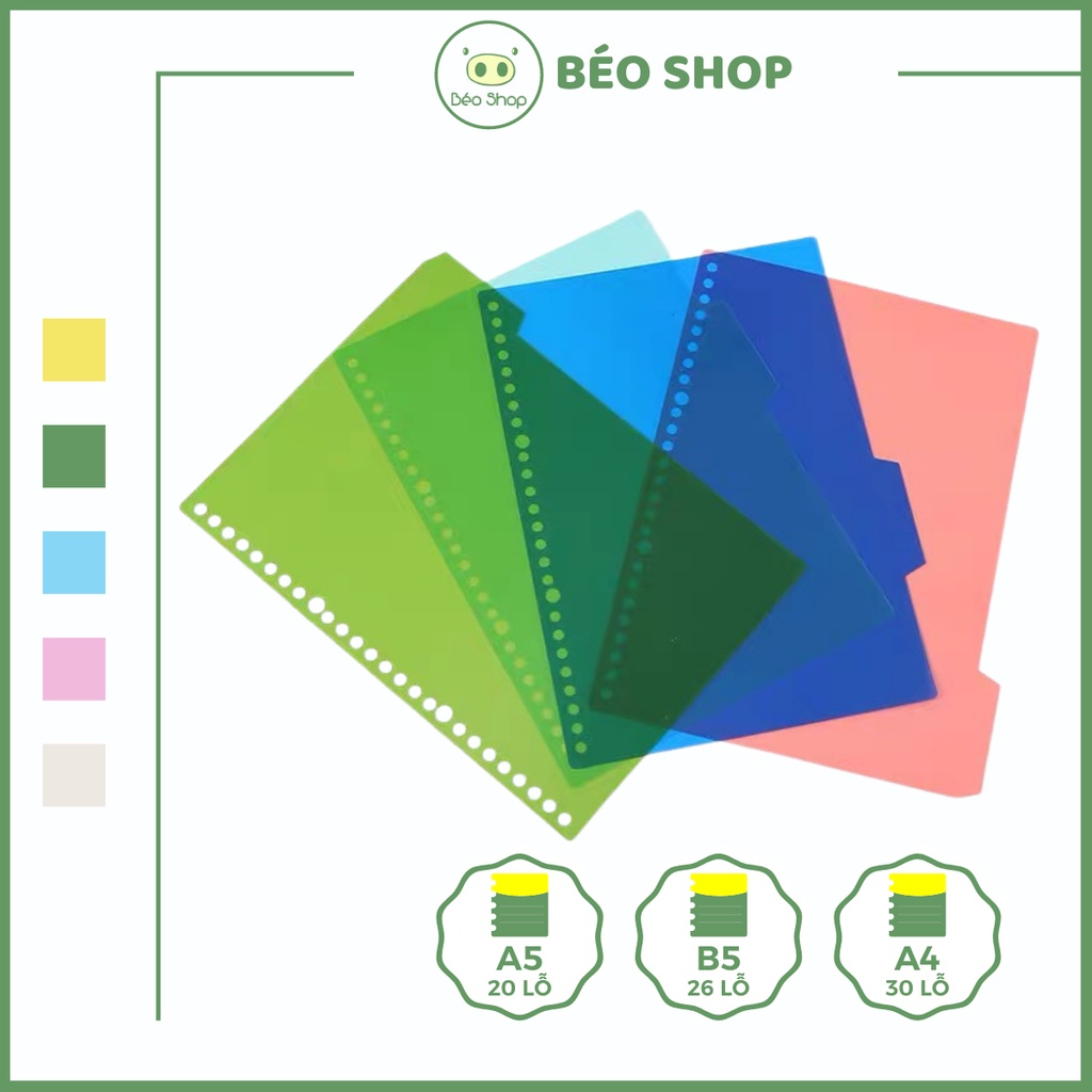 Set 4 tab phân trang A4 B5 A5 Béo shop bằng nhựa nhiều màu dùng cho sổ bìa còng 30 26 20 lỗ TAB2