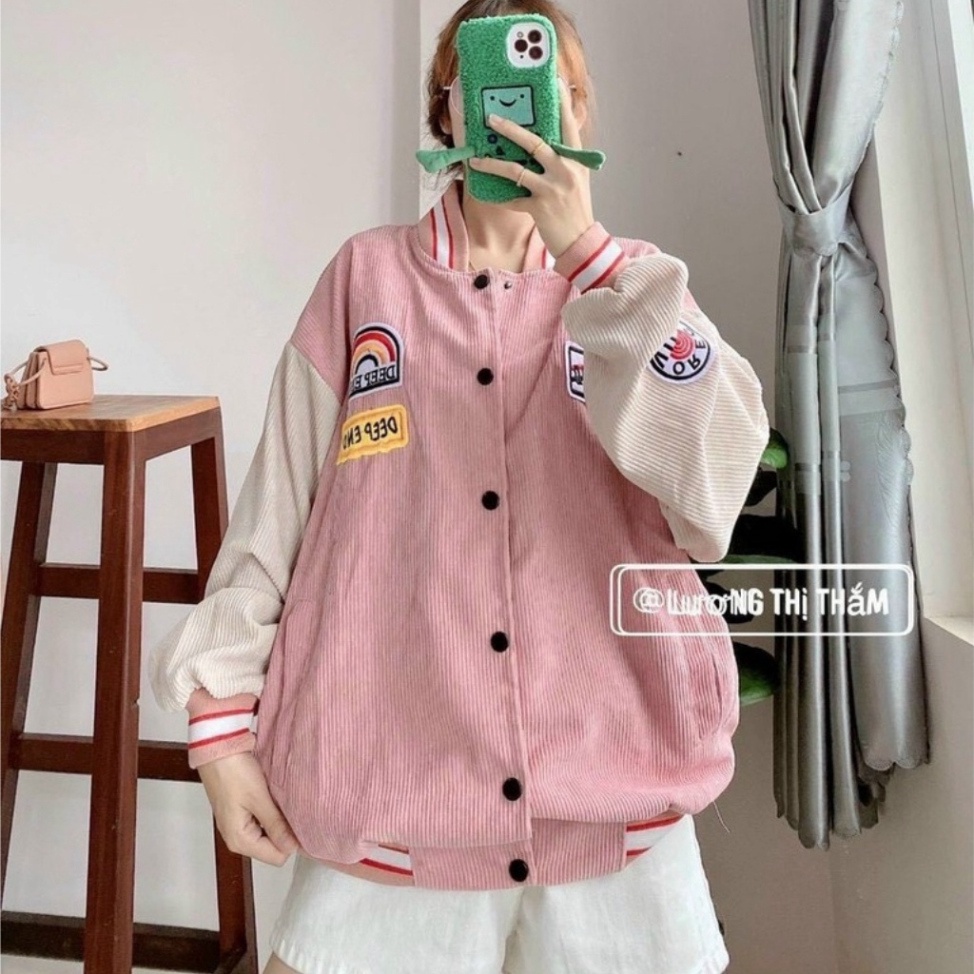 Áo Bomber Nhung Thêu Logo Cầu Vòng Dáng Rộng Unisex Ba Màu Siêu Hot