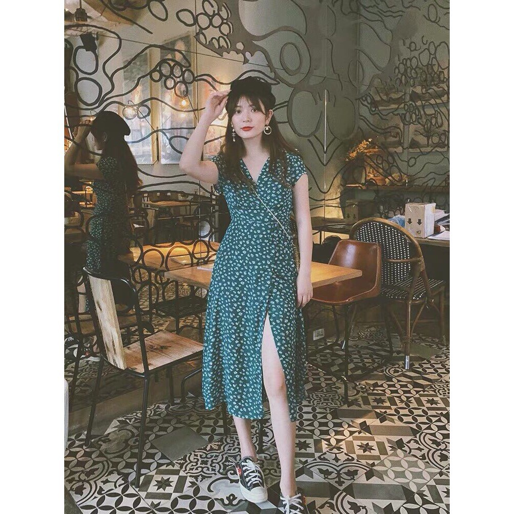 TT495 - Đầm Maxi Hoa Đắp Chéo Xẻ Tà