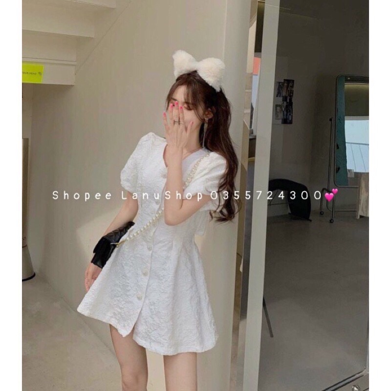 Váy xốp cổ V ly eo hở lưng phong cách Hàn quốc hai màu