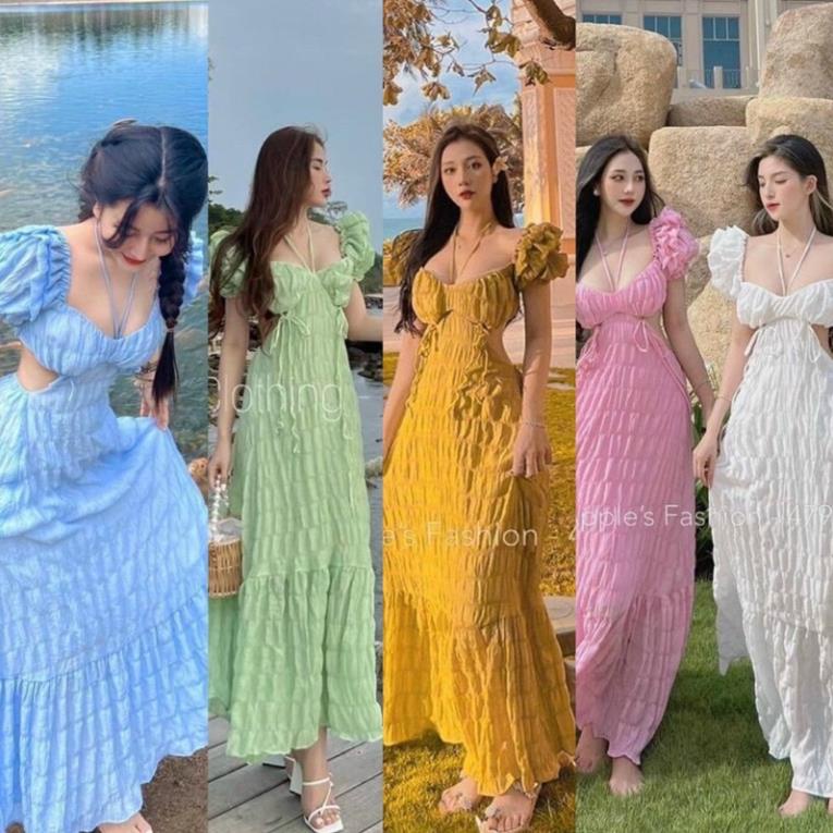 T15 váy dáng dài maxi đi biển khoét eo hở lưng thắt dây nơ cổ sexy gợi cảm tiểu thư dịu dàng xốp chỉ