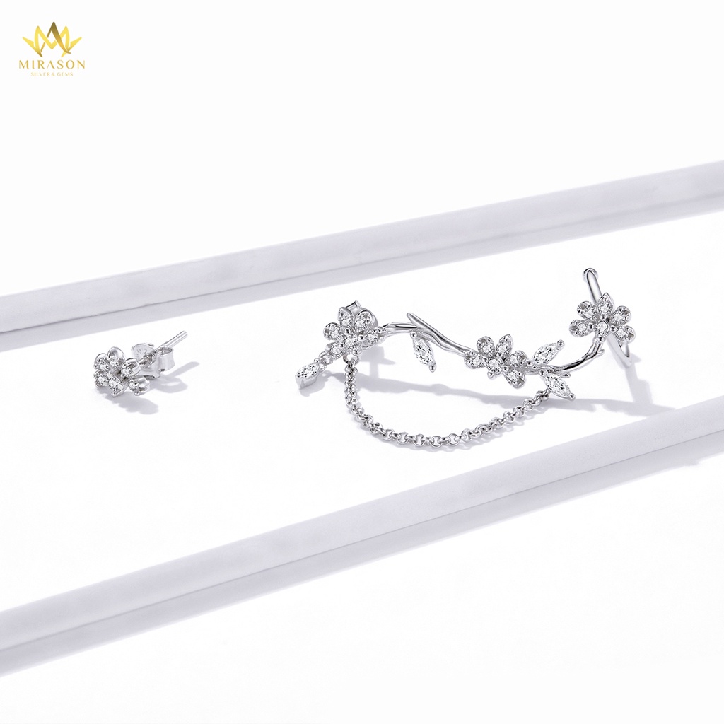 Khuyên Tai Bạc Nữ MIRASON Hoa Cành Nạm Đá Cách Điệu 2 Bên Khác Biệt MBT251 - Bông Tai Nữ Bạc 925 Cao Cấp