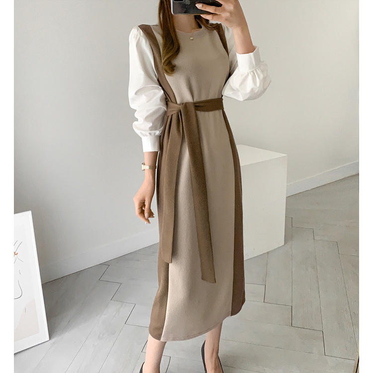 Đầm Sơ Mi Dệt Kim Tay Khóa Cài Phong Cách Retro Mới 45252