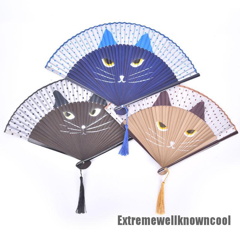 Quạt Lụa Cầm Tay In Hình Mèo Phong Cách Nhật Bản