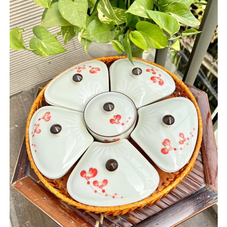 Khay Đựng Mứt Tết Hũ Sứ Có Nắp Hoạ Tiết Vẽ Tay Đựng Bánh Kẹo Hoa Quả Gốm Sứ Bát Tràng Cao Cấp