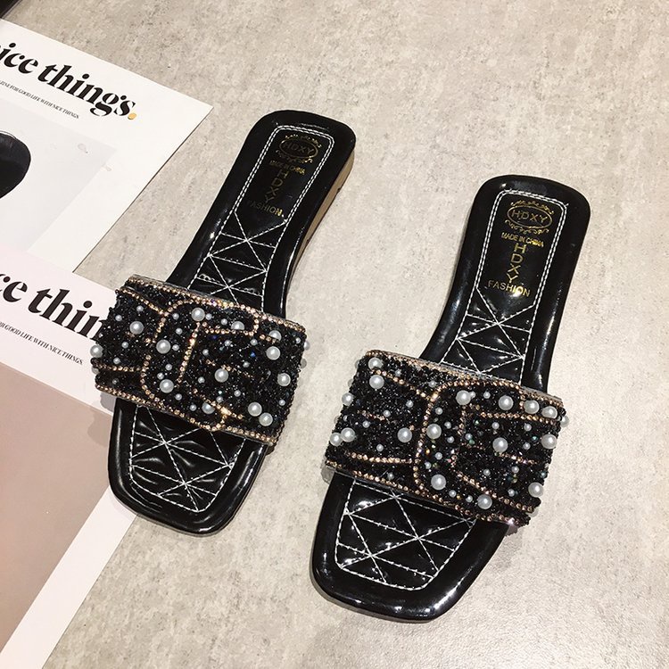Dép đế bằng IELGY mũi vuông đính ngọc trai nhân tạo phong cách Hàn Quốc cho nữ