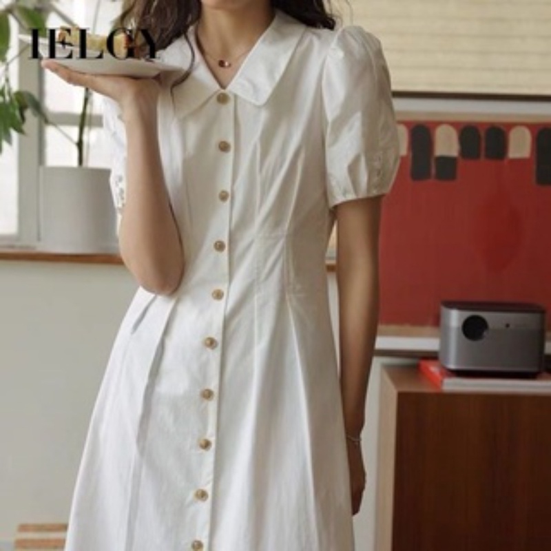 Đầm sơ mi IELGY mỏng màu trơn chiết eo thiết kế thời trang cho nữ