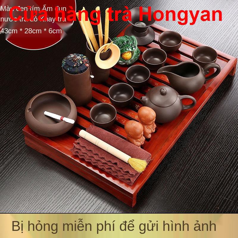 Vần cổKung Fu Tea Set Home Trọn bộ khay trà gỗ nguyên khối, ấm cát tím, cốc, ly sứ, phụ kiện đạo, bàn