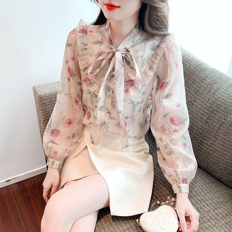 Áo Sơ Mi Chiffon Tay Dài In Hoa Cột Dây Nơ Thời Trang Mùa Thu Cho Nữ